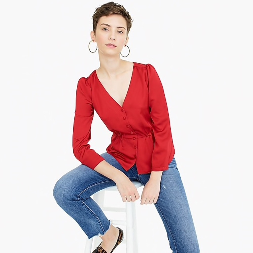 {J. Crew}Petite Long-Sleeve Peplum Satin-Crepe Top - Picture 2 of 8